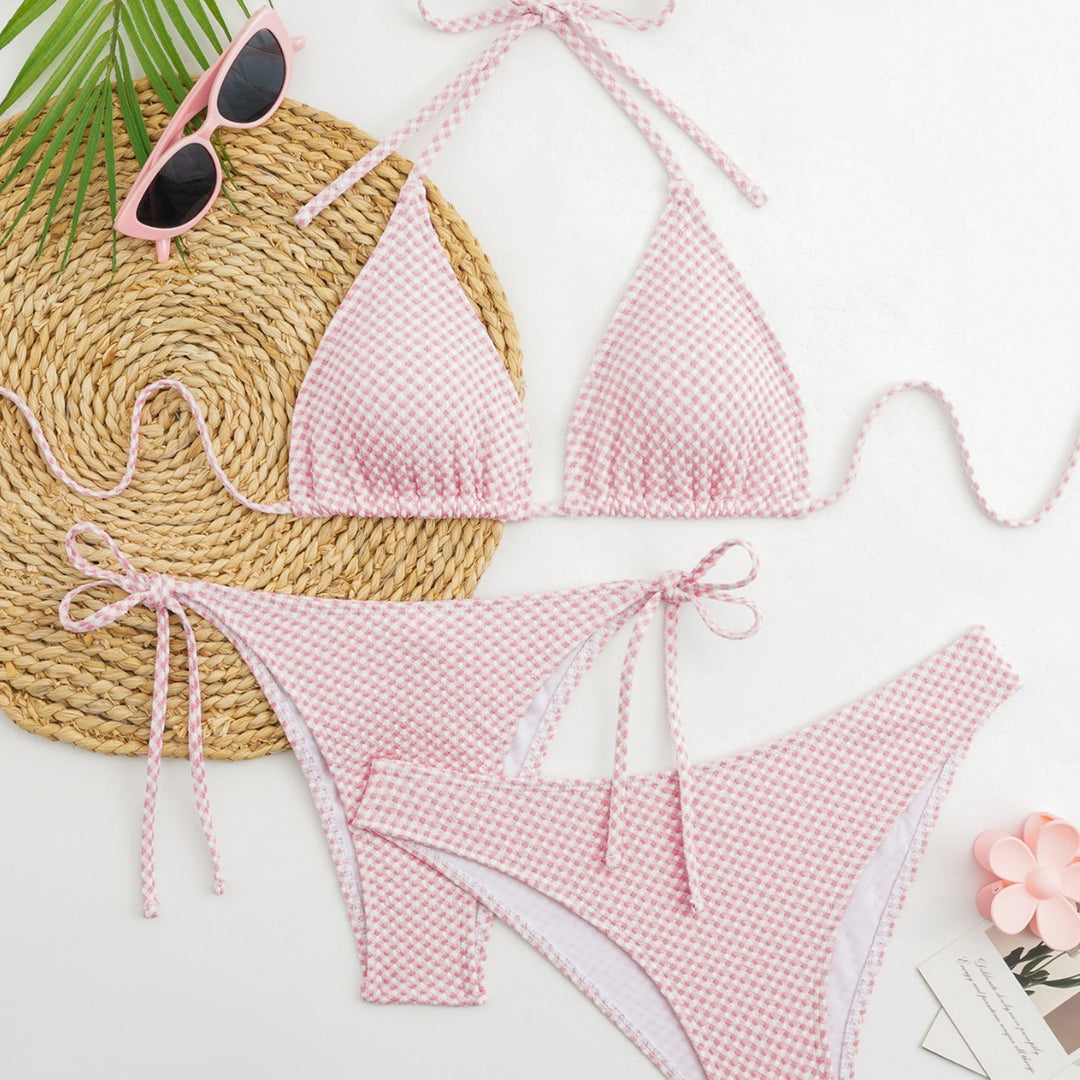 Women's Triangle Bikini Set with Adjustable Straps and Classic Check Pattern Mune Fashion