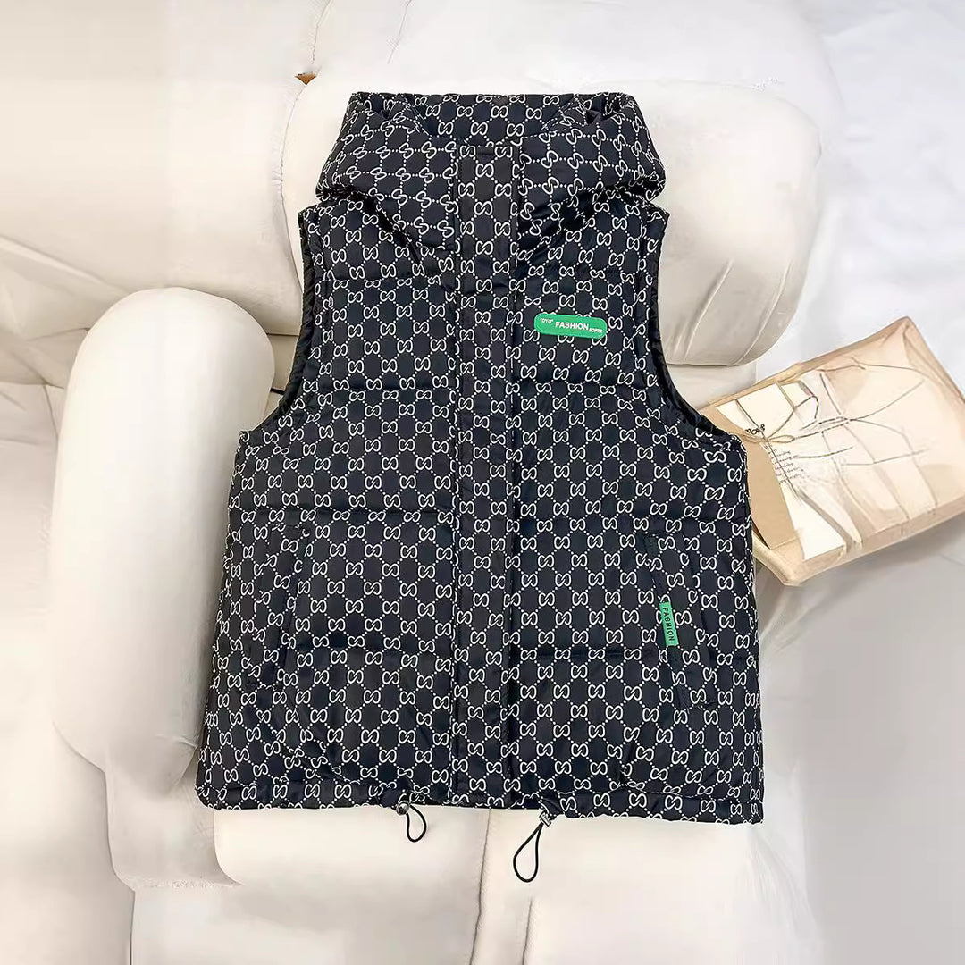 Women's quilted hooded vest with all-over logo print, padded insulation, adjustable hem, and concealed zip pockets Mune Fashion
