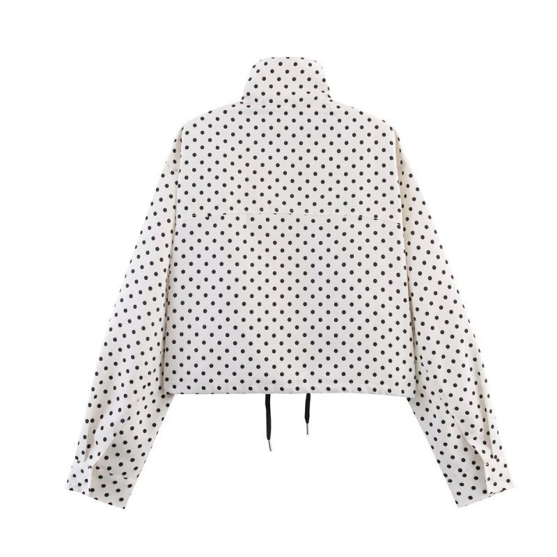 Women's Cropped Quilted Jacket with Polka Dot Print, Stand Collar and Drawstring Mune Fashion