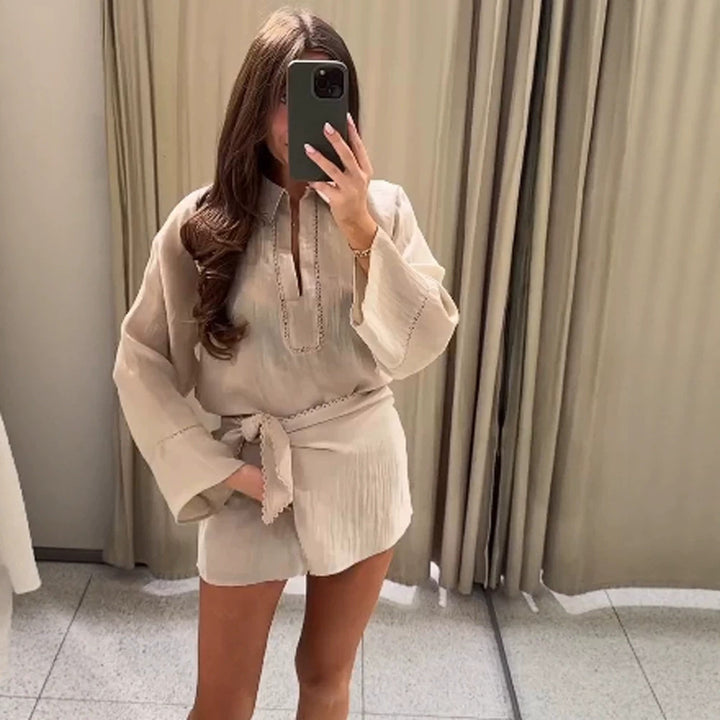 Ladies Lightweight Crinkle Two-Piece with Oversized Shirt and Wrap Mini Skirt Mune Fashion