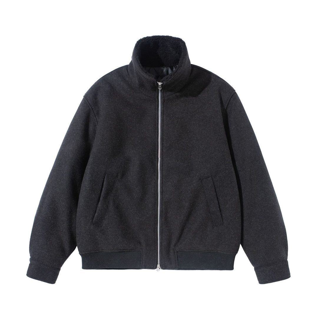 Unisex Boxy Wool Felt Bomber Jacket with High Stand-Up Collar, Fleece Lining and Ribbed Hem Mune Fashion