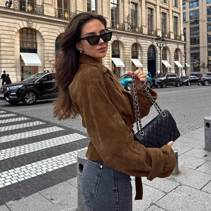 Women's Tailored Suede-Look Short Jacket with Wrap Belt and Long Cuffs Mune Fashion