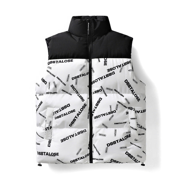 Men's Padded Quilted Vest with High Collar Allover Logo Print & Drawstring Hem Mune Fashion