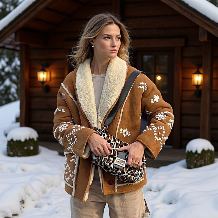 Women's Short Suede Jacket with Teddy Lining and Decorative Embroidery Mune Fashion
