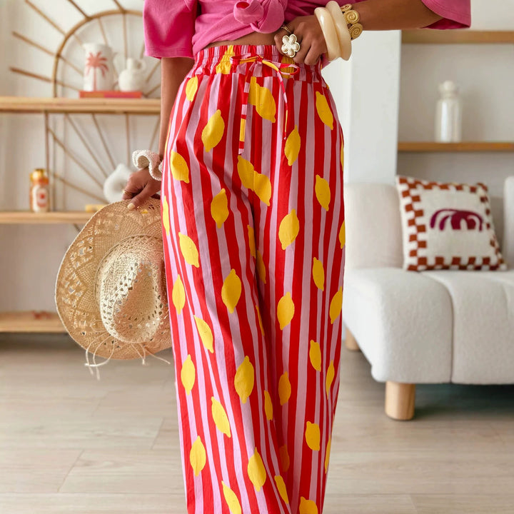 Women's Wide High-Waist Summer Pants with Elastic Waistband, Drawstring and Cheerful Lemon Print Mune Fashion