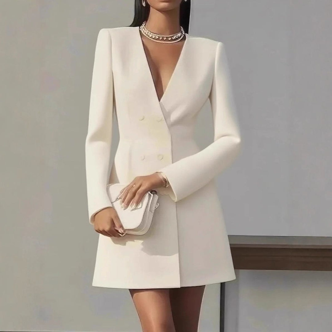 Ladies double-breasted blazer dress with tailored fit and deep V-neck Mune Fashion