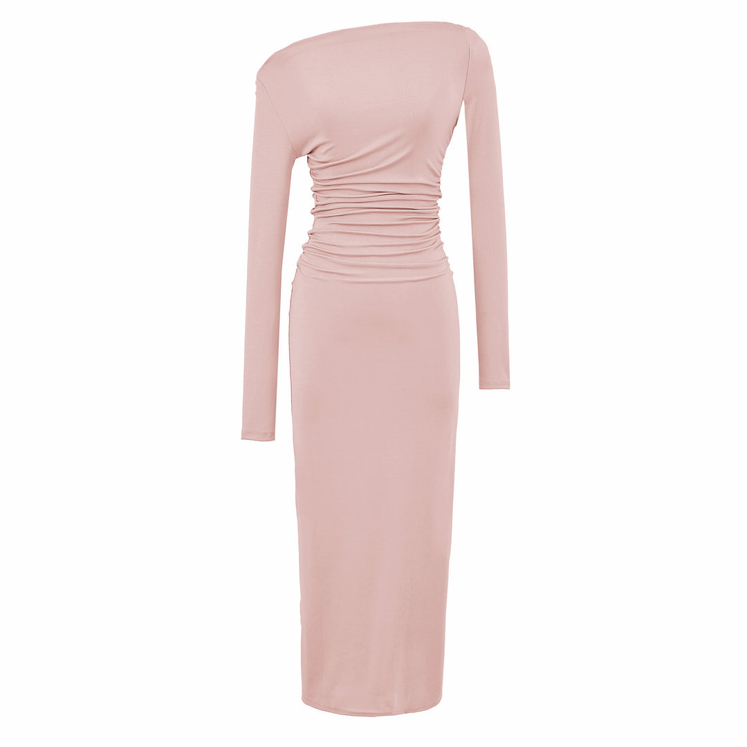 Women One-Shoulder Midi Dress with Long Sleeve and Side Gathering Mune Fashion