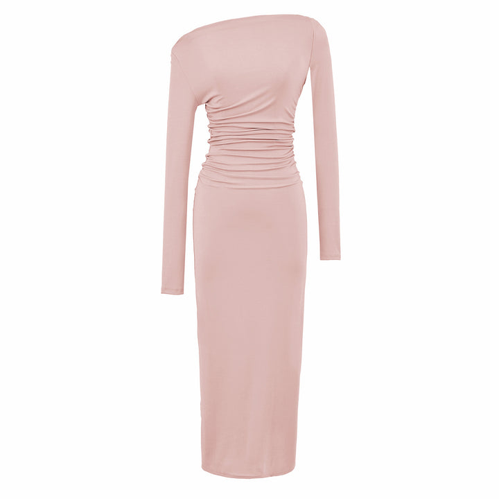 Women One-Shoulder Midi Dress with Long Sleeve and Side Gathering Mune Fashion