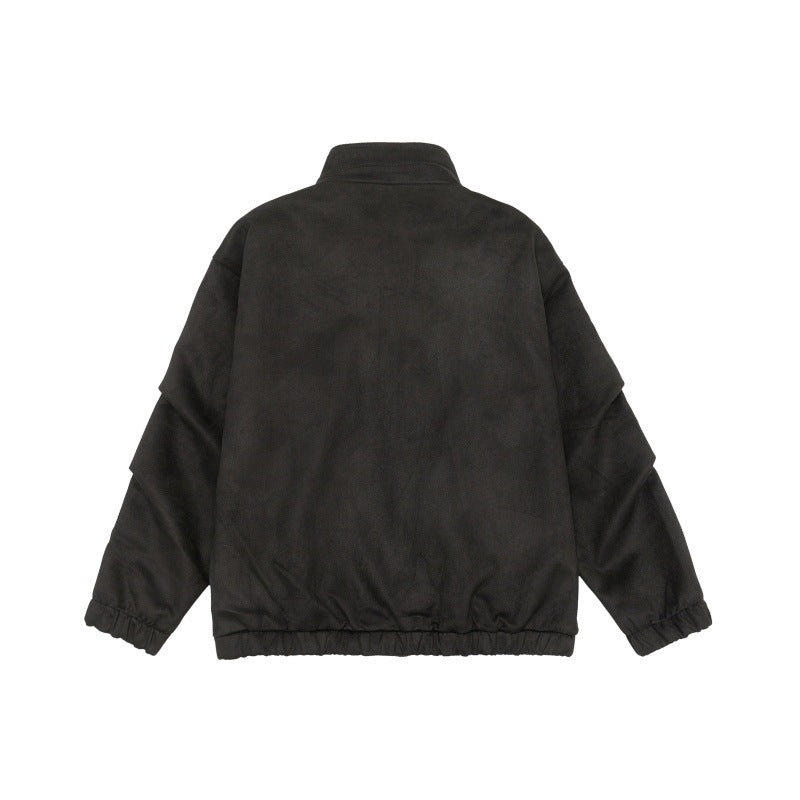 Unisex Short-Cut Stand-Up Collar Fleece Jacket with Concealed Snap Button Placket Mune Fashion