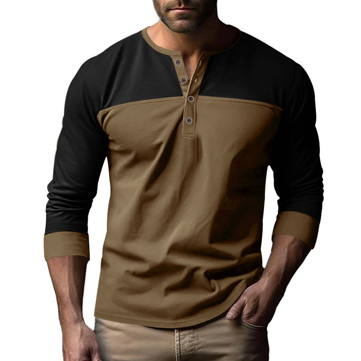 Men's long-sleeved Henley shirt with contrasting yoke, short button placket, and ribbed cuffs Mune Fashion