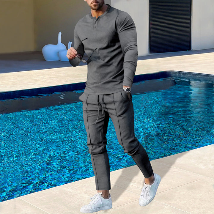 Men's nano athletic Henley long sleeve shirt and tapered jogging pants with decorative seams Mune Fashion