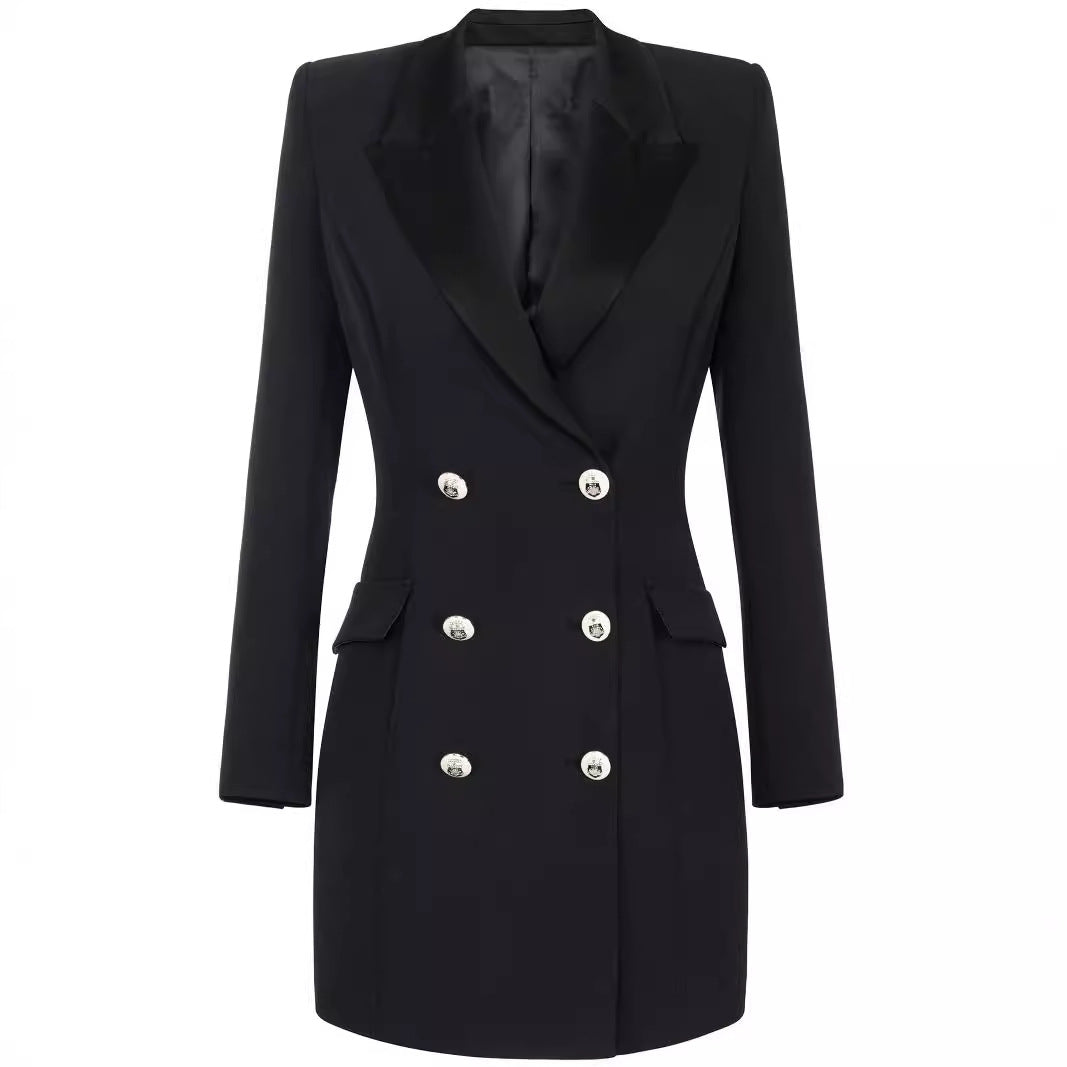 Women Tailored Double-Breasted Blazer Dress-Mini Dress with Structured Shoulder Mune Fashion