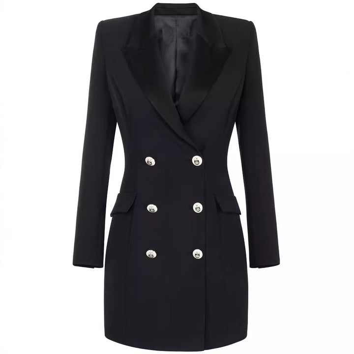 Women Tailored Double-Breasted Blazer Dress-Mini Dress with Structured Shoulder Mune Fashion