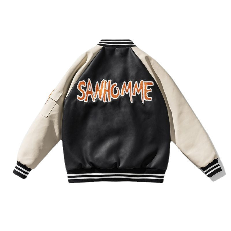 Men's collegiate bomber jacket in varsity style made of faux leather with contrast sleeves and ribbed cuffs Mune Fashion