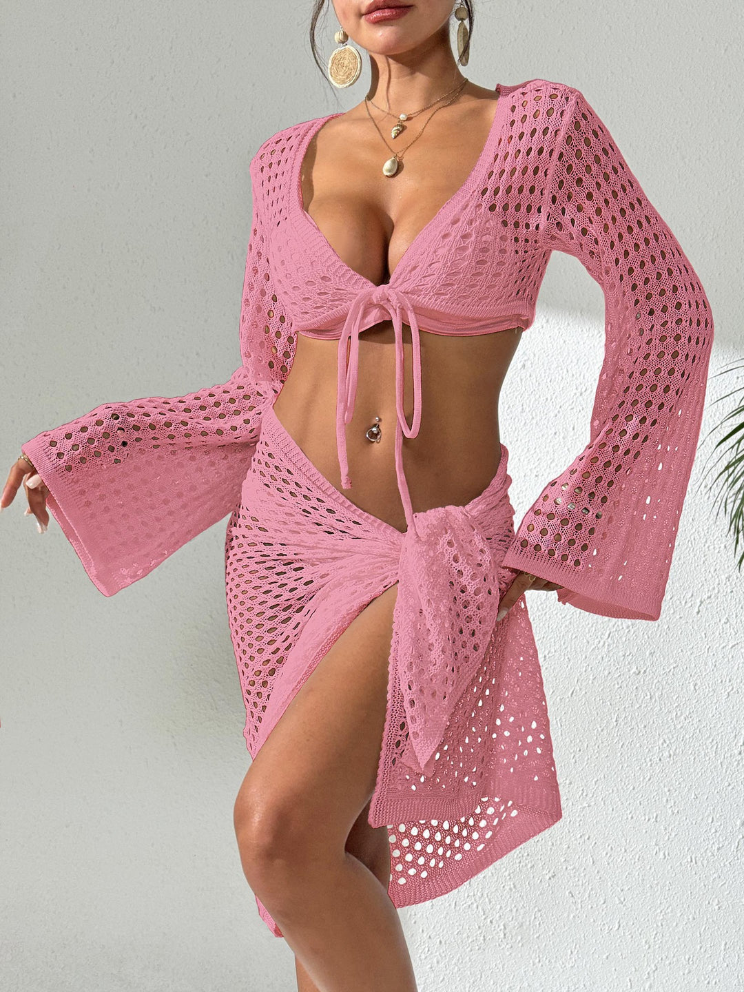 Ladies crocheted beach cover-up with elegant flared sleeves Mune Fashion