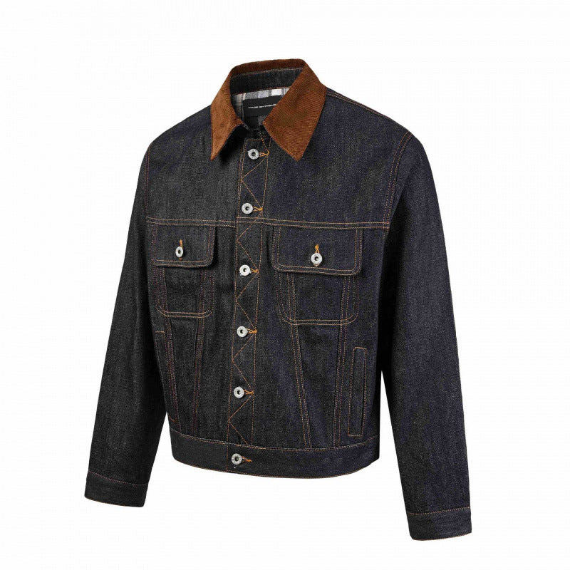 Men's Boxy Denim Jacket with Corduroy Collar and Checked Lining Mune Fashion