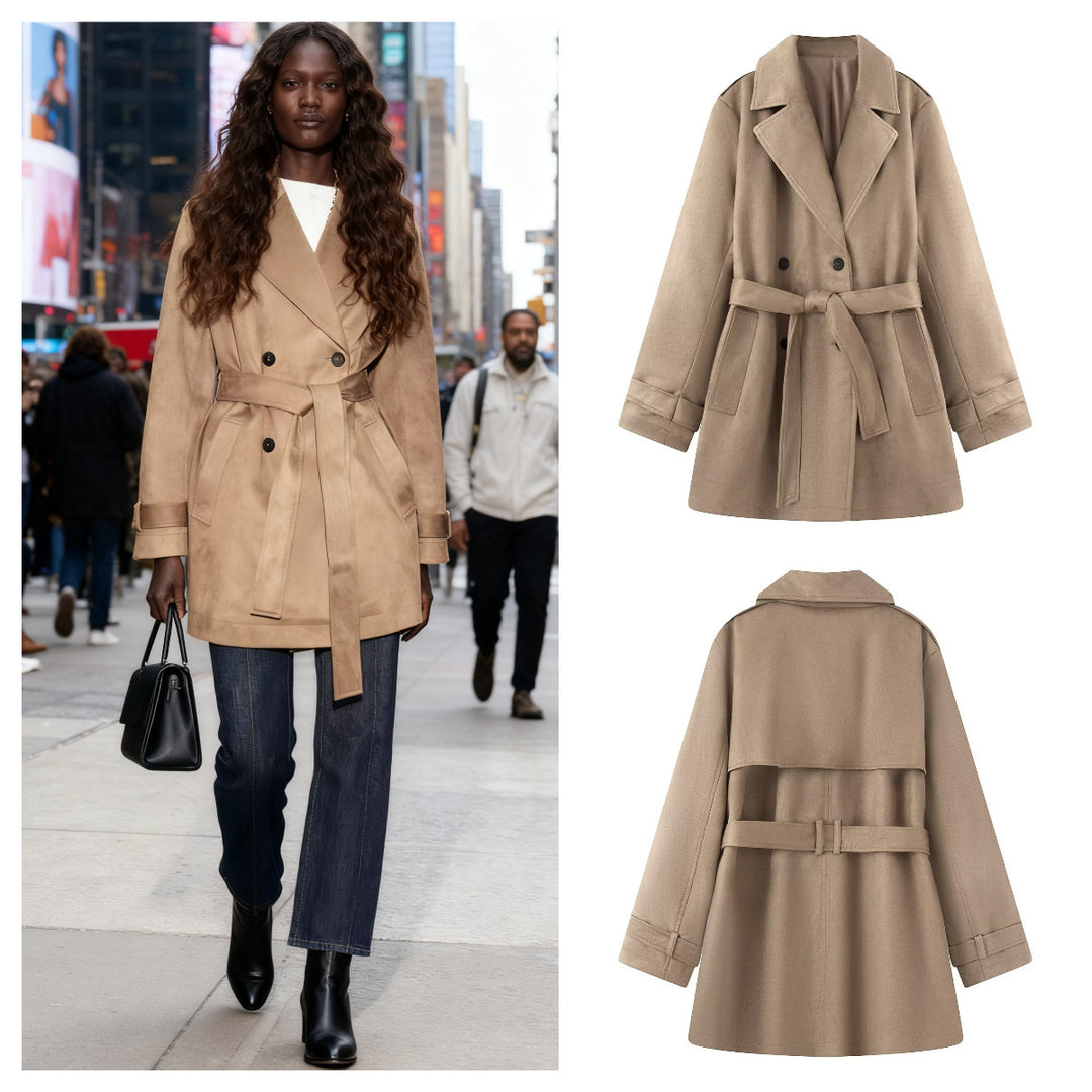 Women's short trench coat in suede-look velvet with tie belt Mune Fashion
