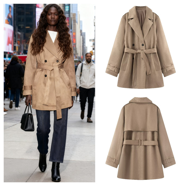 Women's short trench coat in suede-look velvet with tie belt Mune Fashion
