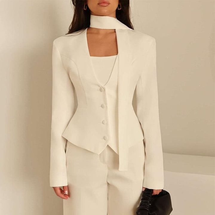 Women Tailored Blazer with Tie Scarf and Fitted Vest Mune Fashion