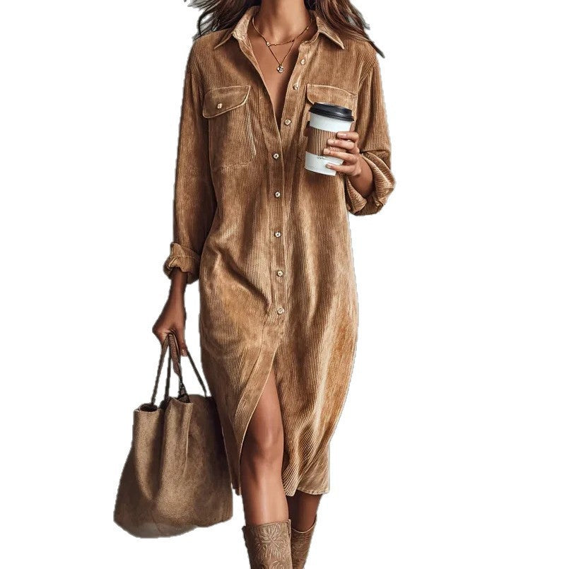 Women's shirt dress made of corduroy with breast pockets, button placket and slit Mune Fashion