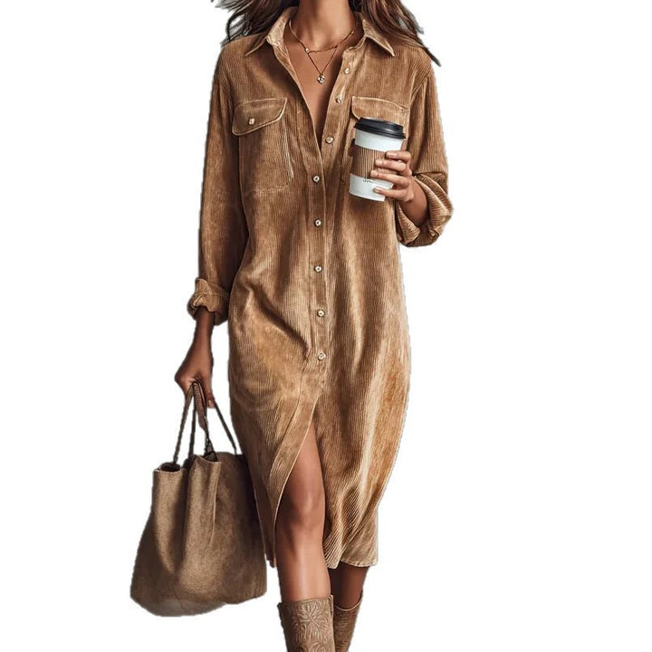 Women's shirt dress made of corduroy with breast pockets, button placket and slit Mune Fashion