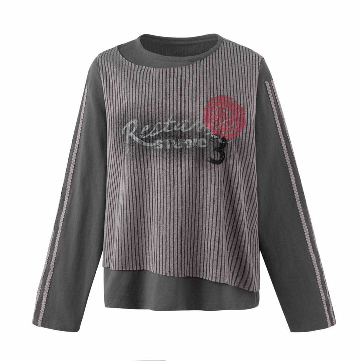 Women Casual Sweatshirt with Striped Overlay, Decorative Seams and Rose Print Mune Fashion