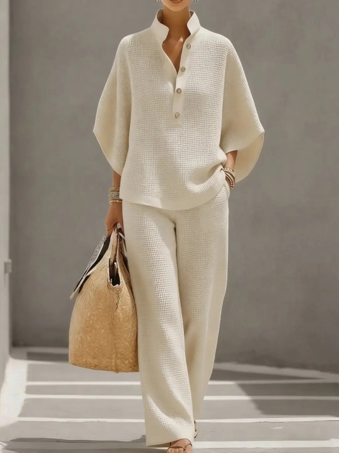 Women's Lightweight Waffle Knit Two-Piece Set with Stand Collar, Button Placket, and Palazzo Pants Mune Fashion