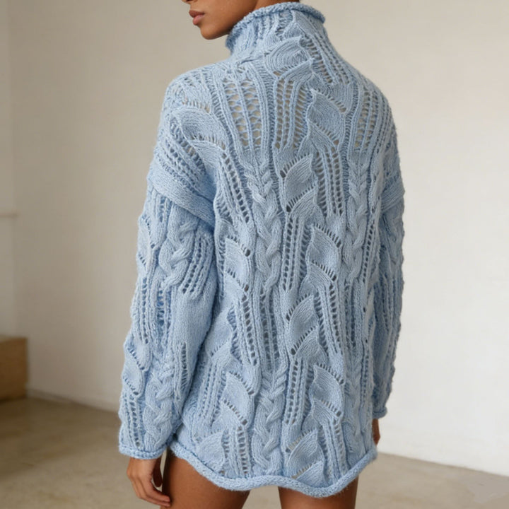 Women's Oversize Turtleneck Sweater with Openwork Cable Pattern Mune Fashion