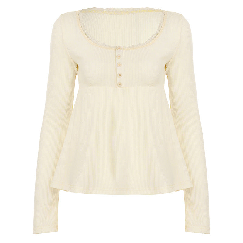 Women's long-sleeve top with empire waist, delicate button placket and lace trim Mune Fashion
