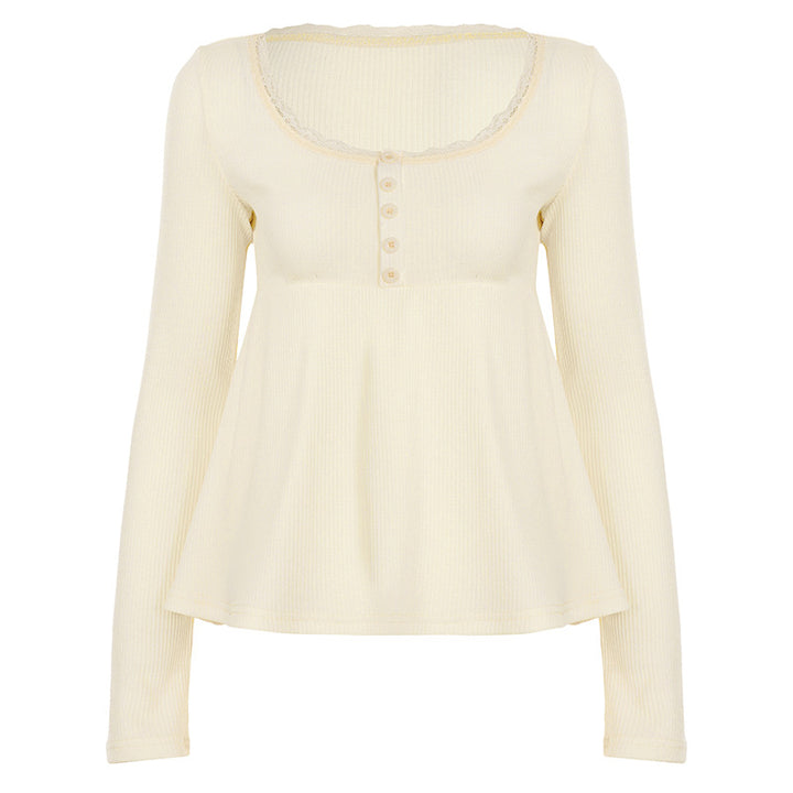 Women's long-sleeve top with empire waist, delicate button placket and lace trim Mune Fashion