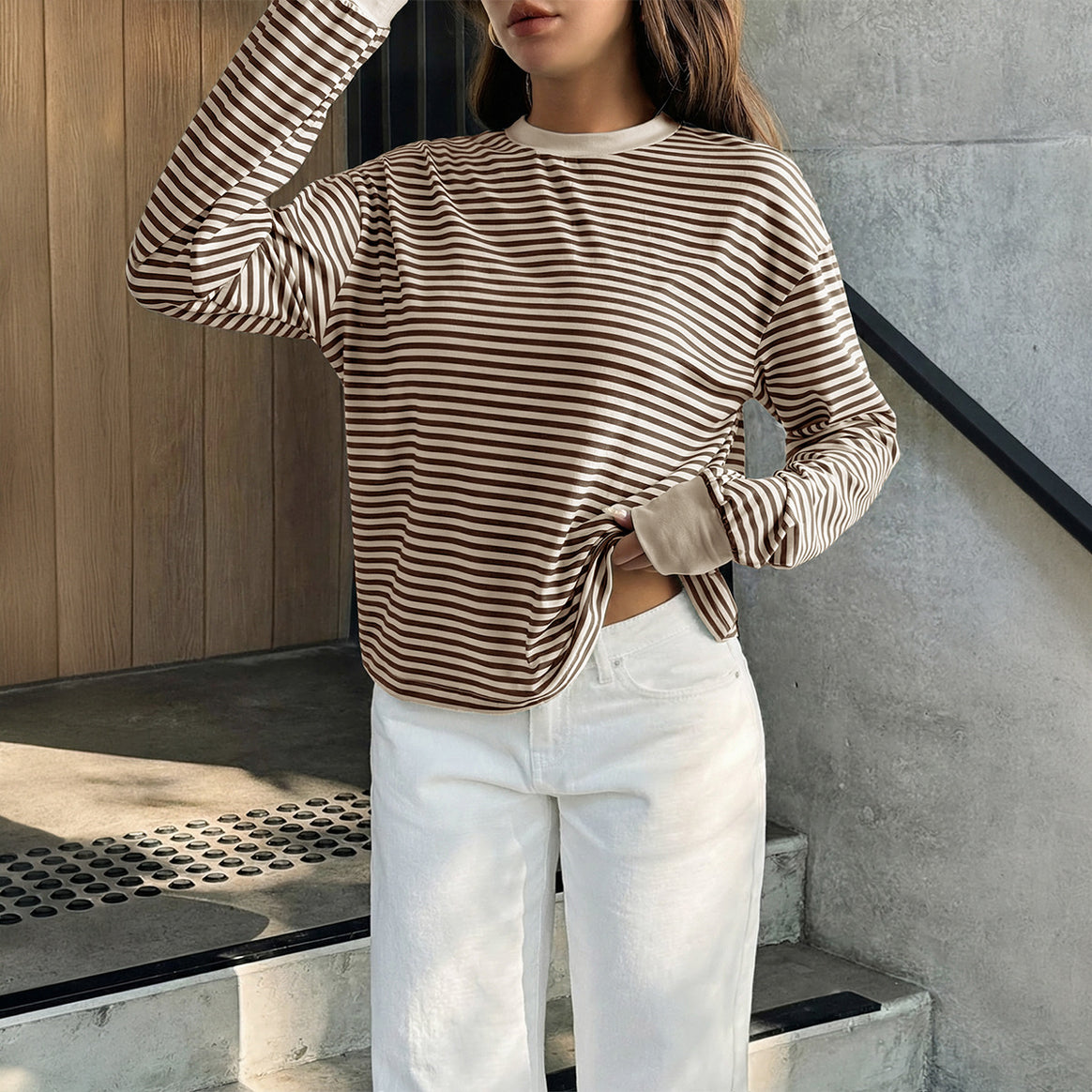 Women's casual striped oversized long sleeve with contrasting round neckline and extended back hem Mune Fashion