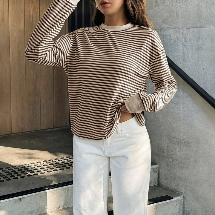 Women's casual striped oversized long sleeve with contrasting round neckline and extended back hem Mune Fashion
