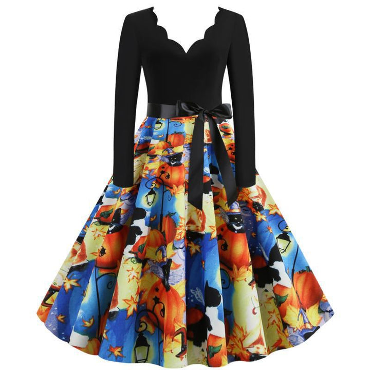 Women's Retro Swing Dress with Wavy Neckline, Long Sleeves, and Halloween Print Flared Skirt Mune Fashion