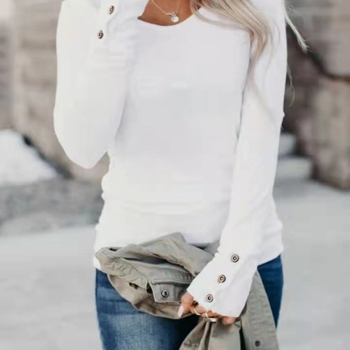 Women's Fitted Long Sleeve Shirt with Decorative Buttons at the Sleeve Hem Mune Fashion