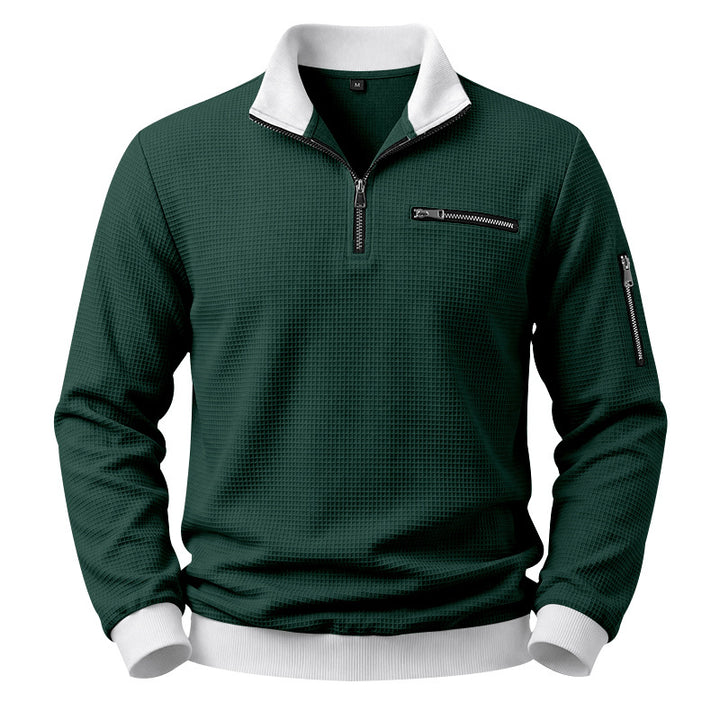 Men's Structured Waffle Sweater with Half-Zip and Zipper Pockets Mune Fashion