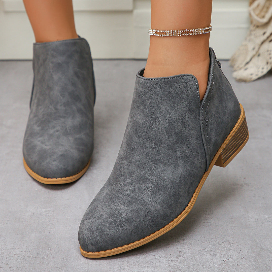 Women's fashionable short ankle boots with rear zipper, low block heel, and padded comfort insole Mune Fashion