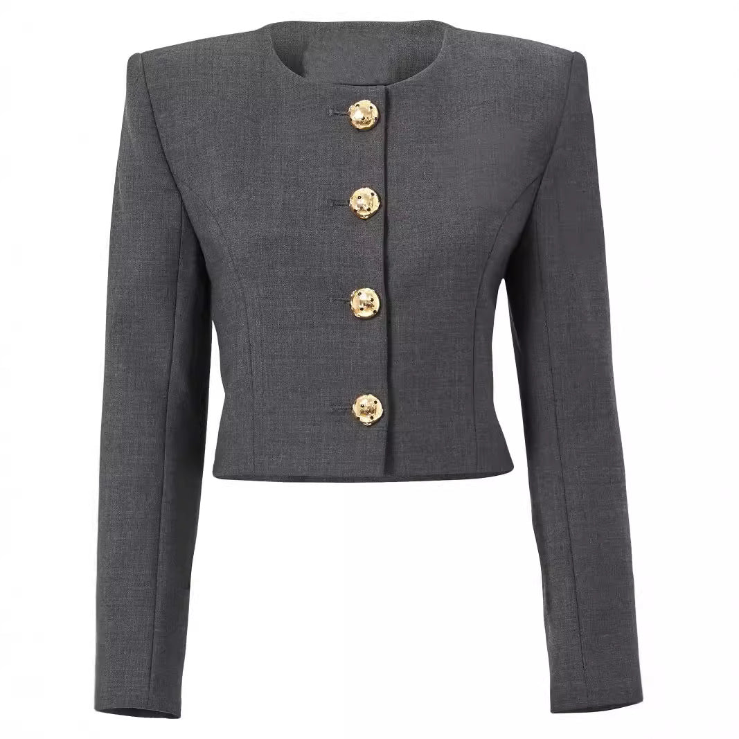 Women's Two-Piece Tailoring Suit Short Blazer with Distinctive Shoulder and High-Waisted Palazzo Pants Mune Fashion