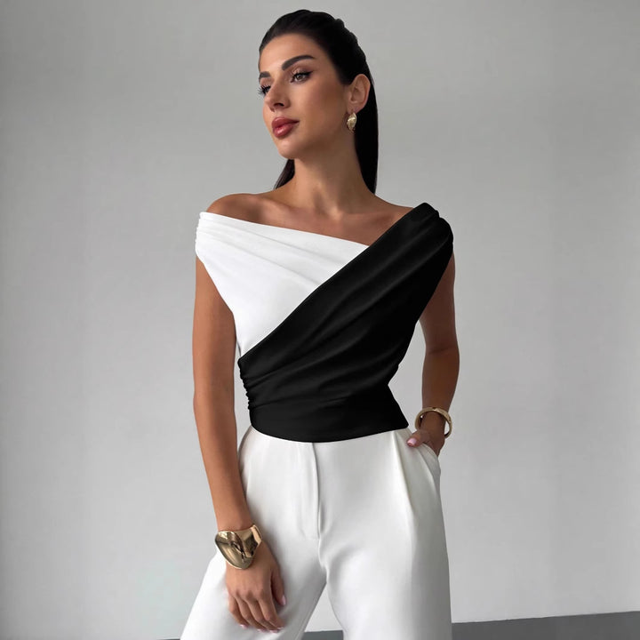Ladies' elegant asymmetrical draped top with crossed front and figure-hugging waist Mune Fashion