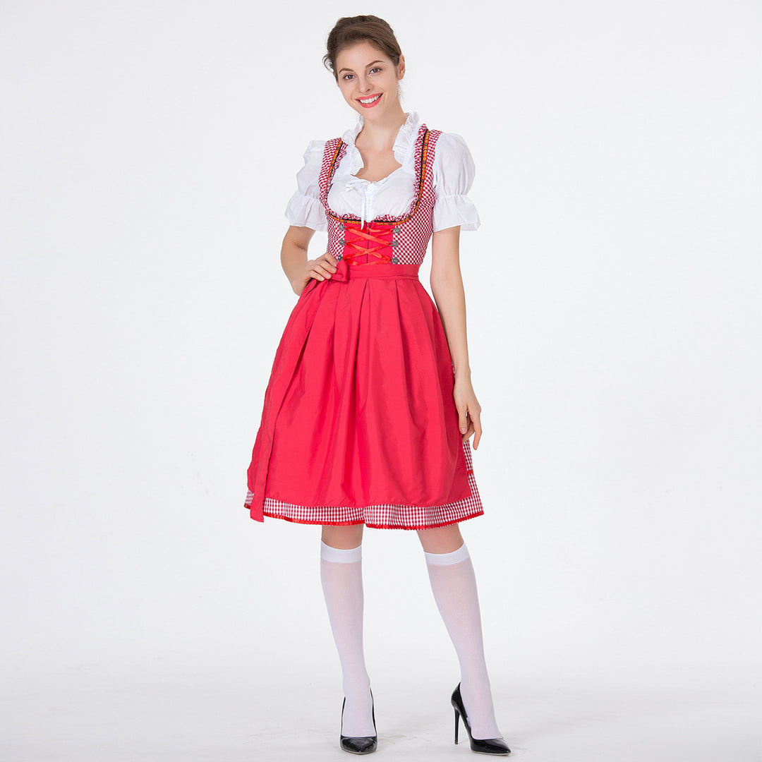 Women's checked dirndl dress with gathered apron and laced bodice front Mune Fashion