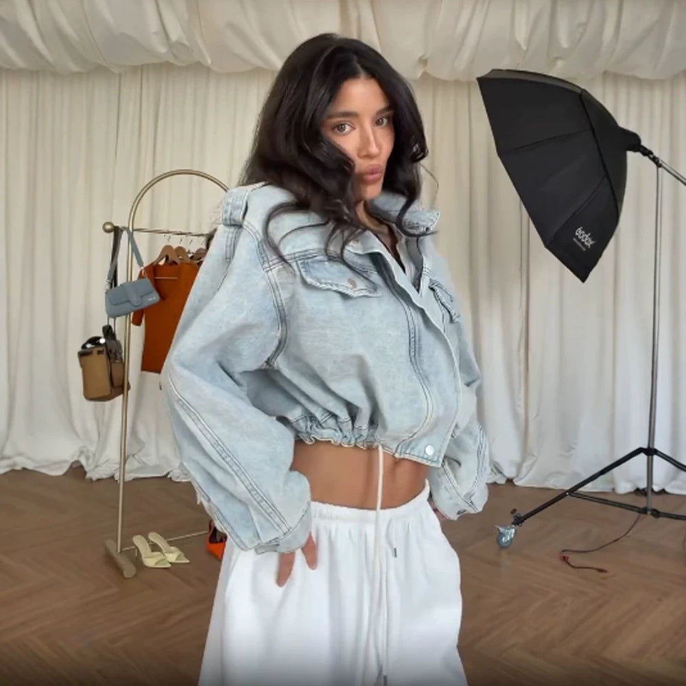 Women's Cropped Denim Jacket with Drawstring, Boxy Oversized Silhouette & Flap Pockets Mune Fashion