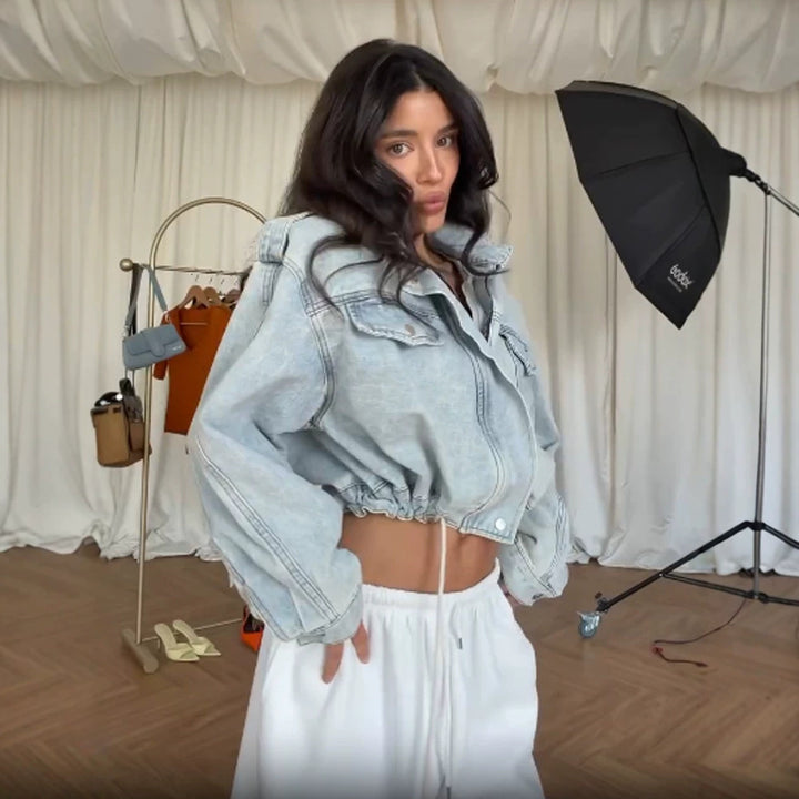 Women's Cropped Denim Jacket with Drawstring, Boxy Oversized Silhouette & Flap Pockets Mune Fashion