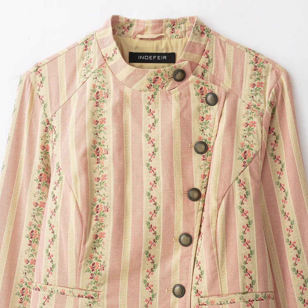 Women's short jacket with stand-up collar and vintage floral pattern Mune Fashion