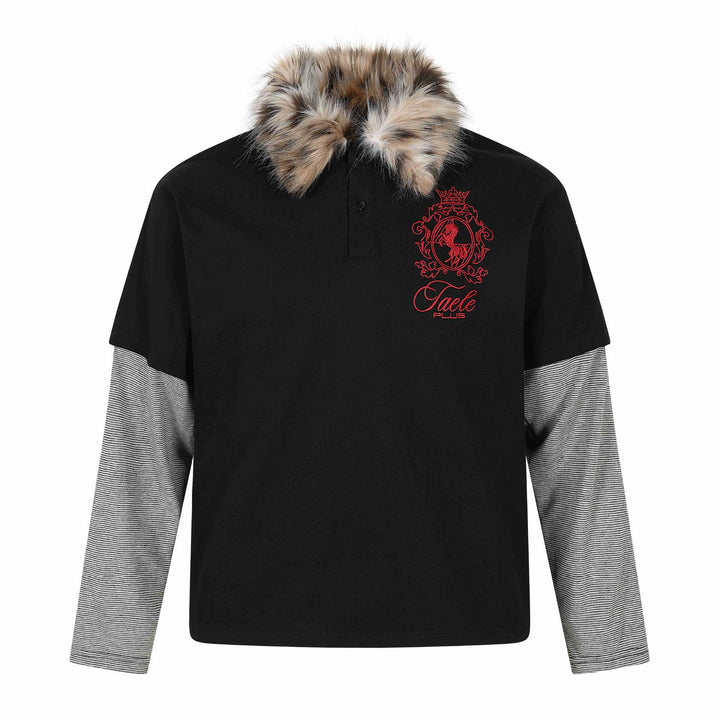 Women Layered-Look Long Sleeve Polo with Faux Fur Collar and Badge Embroidery Mune Fashion