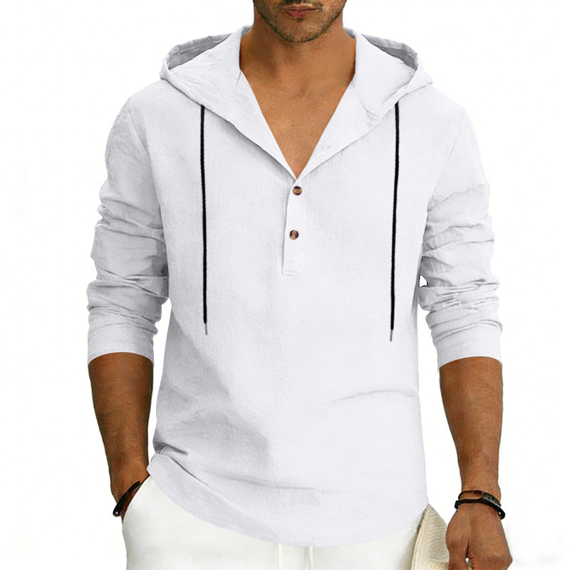 Men's Linen Henley Hooded Shirt with Short Button Placket, Hood, and Relaxed Fit Mune Fashion