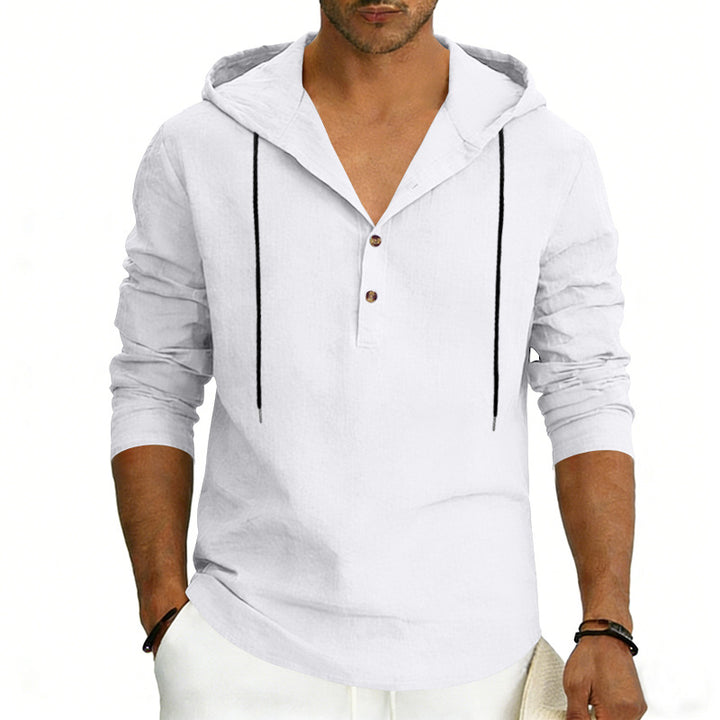 Men's Linen Henley Hooded Shirt with Short Button Placket, Hood, and Relaxed Fit Mune Fashion