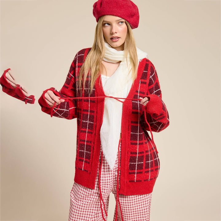 Women's Oversize Checkered Knitted Cardigan with Tie Belt & Patch Pockets Mune Fashion