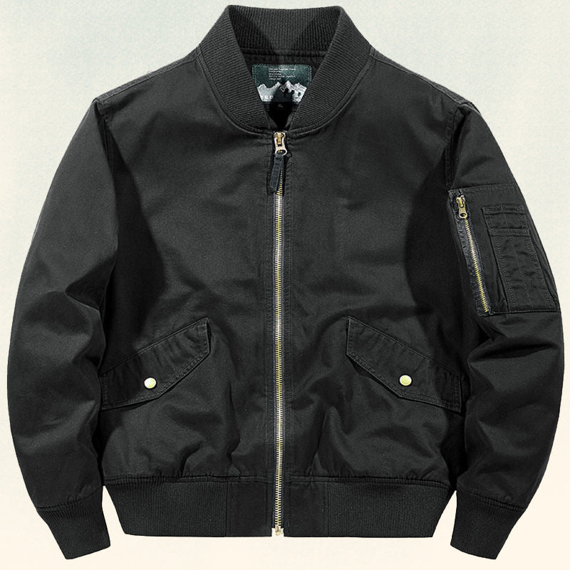 Men's robustly crafted canvas bomber jacket with ribbed cuffs, flap pockets, and sleeve pocket Mune Fashion