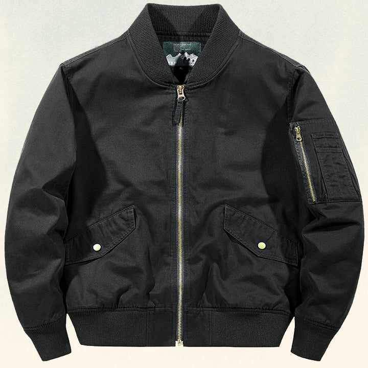 Men's robustly crafted canvas bomber jacket with ribbed cuffs, flap pockets, and sleeve pocket Mune Fashion