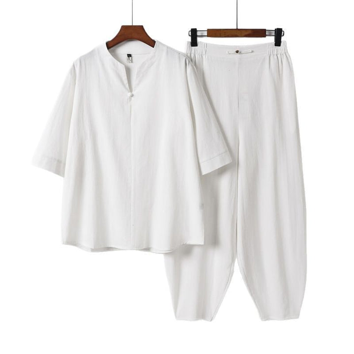 Men's Two-Piece Lightweight Linen-Cotton Set with Mandarin Collar and Elastic Waist Pants Mune Fashion