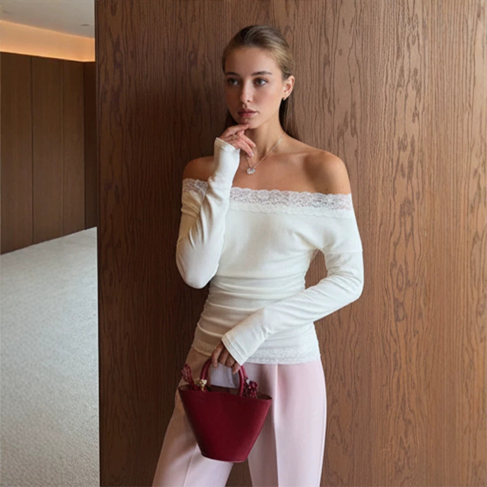 Women Slim-Fit Off-Shoulder Fine Knit Top with Lace Edge Mune Fashion